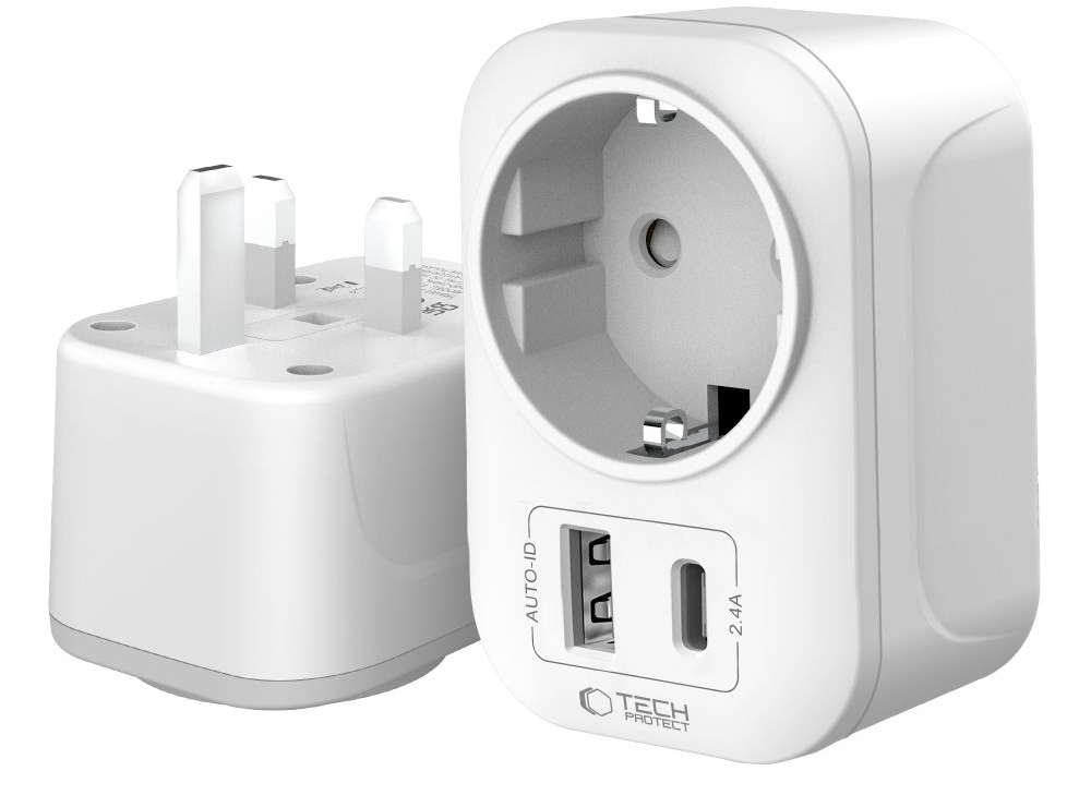 TechProtection reisstekker UK to EU met USB poorten