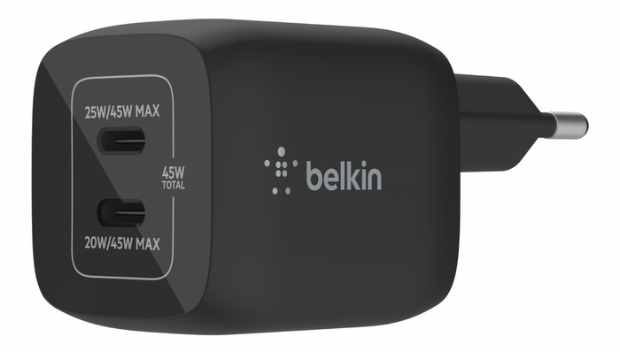 Afbeelding van Belkin BoostCharge USB-C 45 Watt Oplader Met 2 Poorten Zwart | Appelhoes, dé specialist voor al je Apple producten