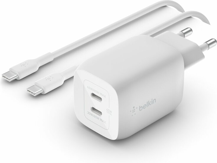 Afbeelding van Belkin BoostCharge USB-C 65 Watt 2 Poort Oplader Met 100 Watt Kabel | Appelhoes, dé specialist voor al je Apple producten